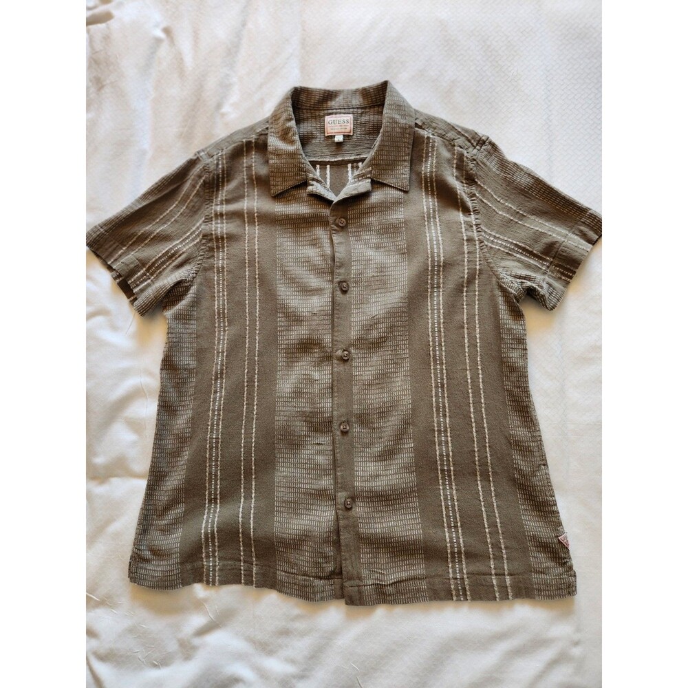 GUESS Olive Brown Stripe Short Sleeve Button Down Camp Shirt Mens M Cotton